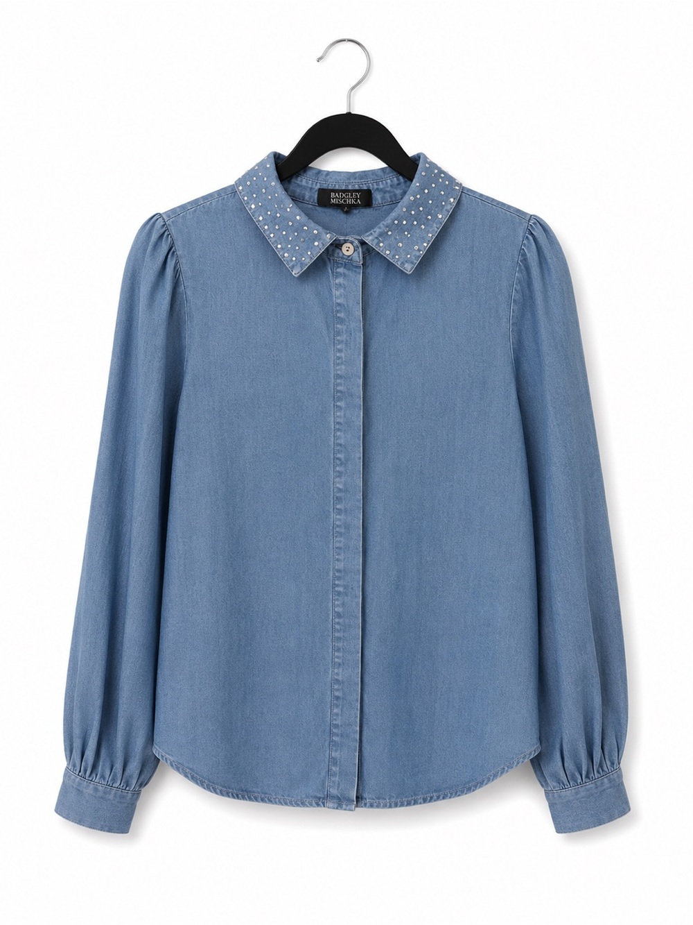 Badgley Mischka Light Blue Chambray Shirt with Crystal Studs